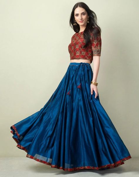 Ajrakh Lehenga, Skirt And Top Indian, Blue Skirt Outfits, Wrap Around Skirts, Long Skirt And Top, Blouse Lehenga, Skirt And Crop Top, Cotton Lehenga, Long Gown Design