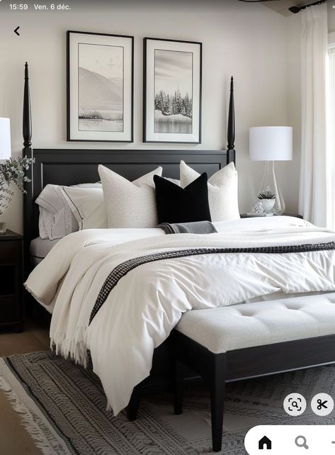 Master Bed With Dark Furniture, Classic Black And White Bedroom, Navy Beige White Bedroom, Pattern Bedding Ideas, Black And Ivory Bedroom, Black Wallpaper Bedroom, Black White And Grey Bedroom, Black And White Bedroom Decor, Black And Cream Bedroom