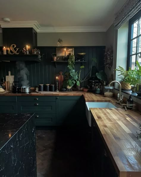 Dark Academia Kitchen, Academia House, Dark Academia Interior, Moody Kitchen, Dark Green Kitchen, Interior Design Per La Casa, Dark Kitchen, Aesthetic Kitchen, Dark Home Decor