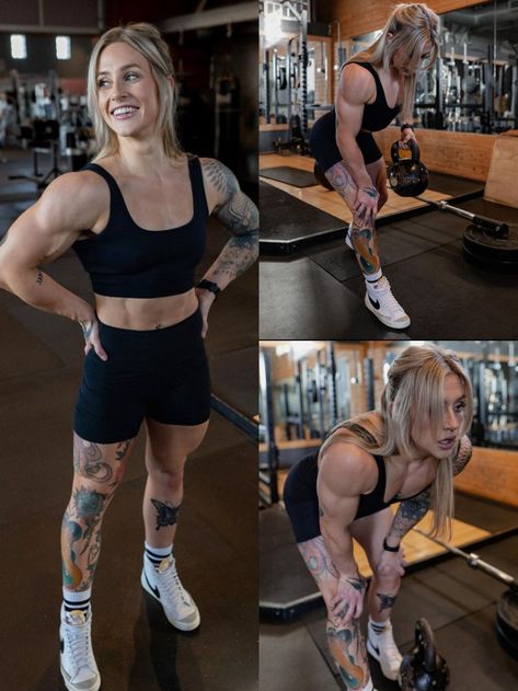 Buff Lady, Josie Hamming, Female Crossfit, Powerlifting Women, Athleisure Photoshoot, Power Lifting Women, Crossfit Body, People References, Tattoed Women