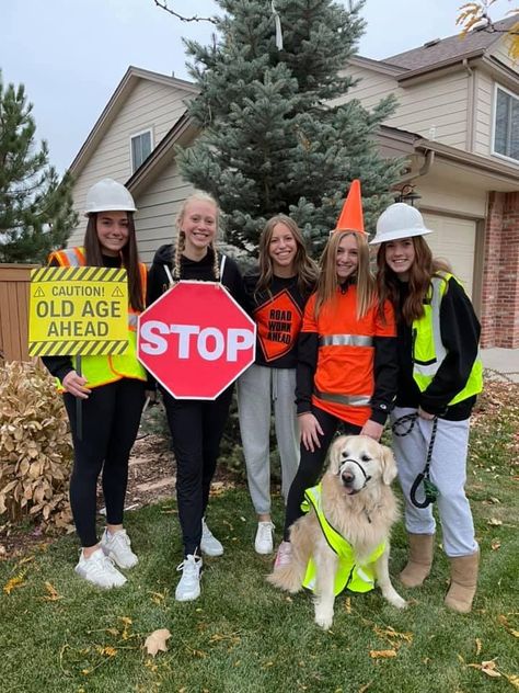 Construction Worker Group Costume, Street Sign Costume, Construction Worker And Traffic Cone Costume, Street Sign Halloween Costume, Traffic Sign Costume, Crossing Guard Costume, Construction Day Spirit Week, Builder Halloween Costume, Construction Theme Outfit