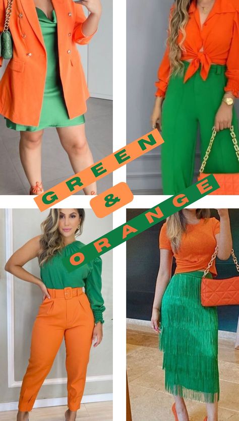 Green Color Combinations Clothes, Complimentary Colors Outfits, Dope Fashion Outfits, Green Outfits For Women, Orange Color Combinations, Green Outfits, Colour Combinations Fashion, Color Combos Outfit, Color Blocking Outfits