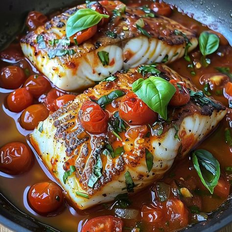 22 Mediterranean Cod, Cod Fish Recipes, Recipes Seafood, Fish Dinner Recipes, Tomato Basil Sauce, Easy Mediterranean Diet Recipes, Basil Sauce, Cod Recipes, Fish Recipes Healthy