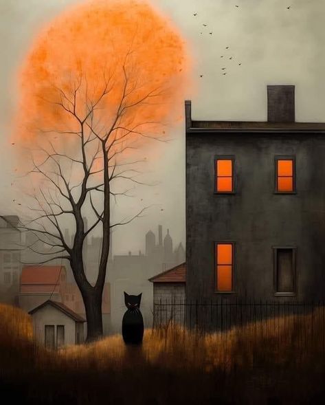 Salem Art, Dark Art Paintings, Alley Cats, Detailed Paintings, Black Cat Art, Alley Cat, Cottage Art, Night Landscape, Halloween Painting