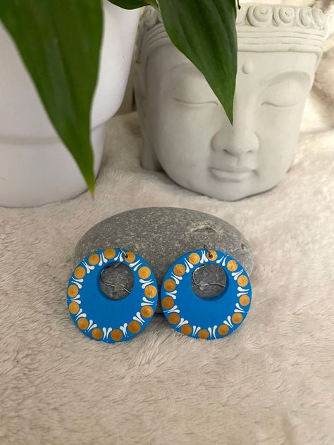 The Heaven Hymn, Mandala Dotting Earrings, Light Blue Gold Unique Custom Jewellery, Wooden Handmade Acrylic Painted Earrings, pointillism #etsy #bleu #anniversaires #cercle #fleuri #or #femmes #oui #bois #crochetdoreille Magic Earrings, Jewellery Tutorial, Bamboo Jewelry, Mandala Dotting, Ancient Paintings, Custom Jewellery, Products Ideas, Deep Meditation, Asian Culture