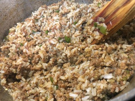 Cajun Dirty Rice (with Eggplant) - Recipe Rice Dressing Recipe, Cajun Dirty Rice Recipe, Cajun Dirty Rice, Dirty Rice Recipe, Rice Dressing, Lsu Baseball, Dirty Rice, Lsu Football, Cajun Cooking