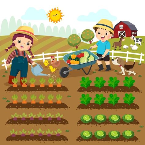 Picture Story For Kids, Farm Cartoon, Vegetable Drawing, Pola Kotak, Farm Pictures, Picture Composition, Farm Kids, Picture Story, Cartoon Background