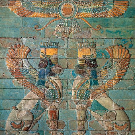 Polychrome glazed brick panel with sphinxes —emblem of the god Ahura Mazdā— from the palace of the Persian king Darius I at Susa, now Shush, Iran ~ ca.510 BC Persian King, Ancient Persian Art, Ahura Mazda, Ancient Babylon, Ancient Drawings, Glazed Brick, Ancient Persia, Persian Empire, Ancient Mesopotamia