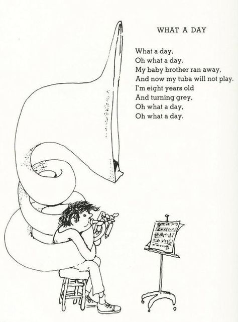 This poem is called What A day, from Where the Sidewalk Ends. I read this book many times growing up and this one always stuck out to me. Funny Poems For Kids, Silverstein Poems, Shel Silverstein Poems, Shel Silverstein Books, Roll A Story, Holiday Poems, Poems About School, Where The Sidewalk Ends, Family Poems