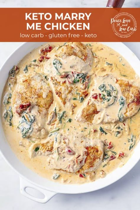 Creamy Keto Tuscan Chicken Recipe (Marry Me Chicken) Keto Tuscan Chicken, Tuscan Chicken Recipe, Tuscan Salmon Recipe, Crowd Food, Grad Dinner, One Pot Chicken Recipes, Peace Love And Low Carb, Keto Savory, Marry Me Chicken Recipe