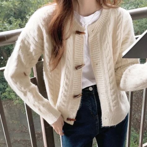 New With Tags Cream Cable Knit Cardigan With Horn Button Closure. Never Worn, In Perfect Condition. Just A Bit Big For Me! Size S/M. Bought For $100 Vintage Cardigan Sweater, Cable Knit Sweater Womens, Button Sweater, Color Vintage, Round Neck Sweaters, Cable Knit Cardigan, Women Sleeve, Knitted Cardigan, Cable Knit Sweater