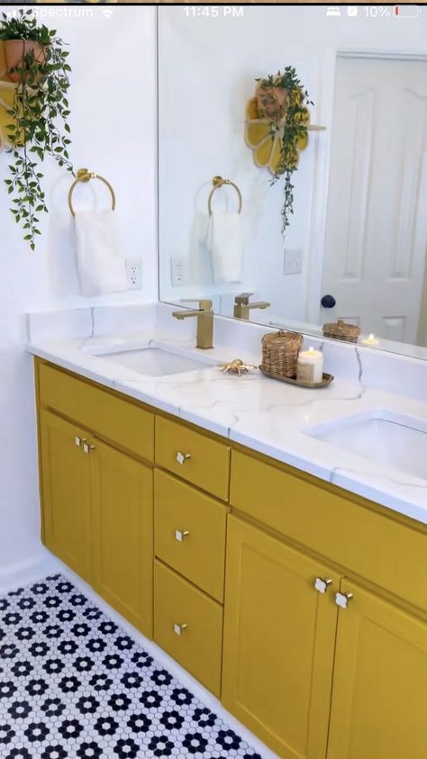 Mustard Vanity Bathroom, Mustard Cabinets Bathroom, Yellow Bathroom Cabinet Ideas, Yellow Cabinets Bathroom, Mustard Yellow Bathroom Vanity, Yellow Bathroom Cabinets, Yellow Bathroom Vanity, Mustard Yellow Bathroom Ideas, Green And Yellow Bathroom