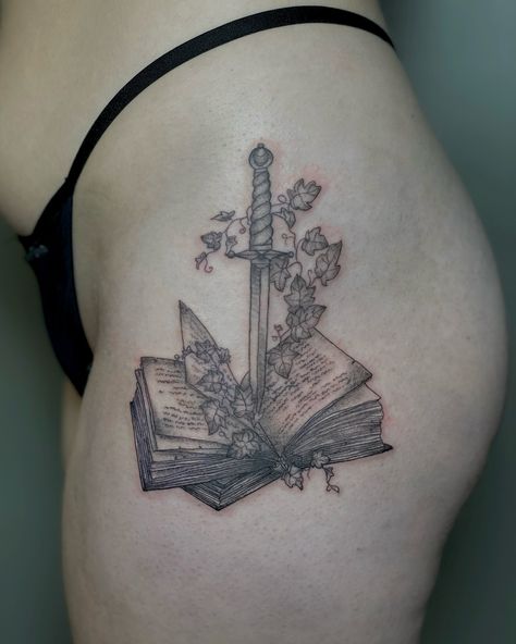 thank u L 🫶🏼loved talking dnd with you and completing this whimsical piece 😍 - #booktattoo #fourthwing #booklovers #booktattoo #vancouver #vancouvertattoo #vancouvertattooartist #flashtattoo #dnd #lotr #swordtattoo #fineline #finelinetattoo #neotraditional Elbow Book Tattoo, D&d Tattoo, Dnd Tattoos, Dnd Tattoo, Vancouver Tattoo, Book Tattoos, D Tattoo, Book Tattoo, Neo Traditional