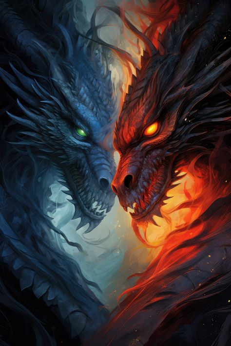 Dragons artwork Fire Dragon Wallpaper, Ice And Fire Dragon, Blue And Red Dragon, Dragons Drawings, Dragons Artwork, Fire And Ice Dragons, Mythical Creatures Drawings, Lovecraft Art, Elemental Dragons