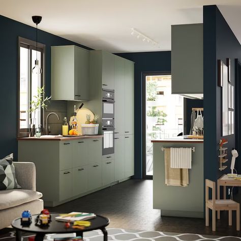 Ikea Kitchen Bodarp Green, Bodarp Kitchen, Ikea Bodarp, Kitchen Cabinets Ikea, Ikea 2023, Banquette Ikea, Ikea Bodbyn Kitchen, Ikea Kitchen Inspiration, Kitchen Interior Inspiration