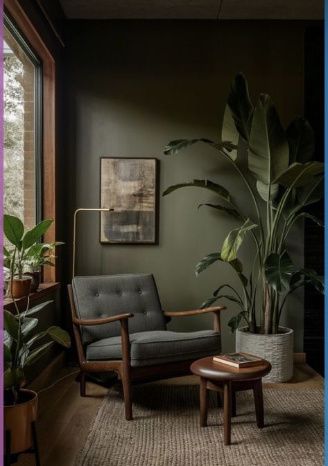 Green Walls With Brown Furniture, Living Room Designs Earthy Tones, Earthy Tones Office Interiors, Room Ideas Earthy Tones, Earthy Tones Home Decor, Green Brown Apartment, Brown Green Interior Design, Indoor Colour Ideas, Moody Nature Bedroom