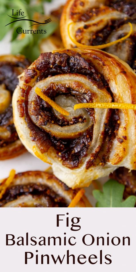 close up on a Fig Balsamic Onion Pinwheel on top of a stack of pinewheels. Balsamic Onion Jam, Tortilla Rollups, Onion Appetizers, Celebration Recipes, Puff Pastry Pinwheels, Fig Preserves, Beef Appetizers, Best Party Appetizers, Balsamic Onions