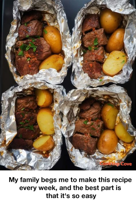 Potato Foil Packets, Steak Foil Packets, Foil Packet Potatoes, Steak And Potatoes, Garlic Steak, Steak Potatoes, Foil Dinners, Meat And Potatoes, Foil Pack Meals