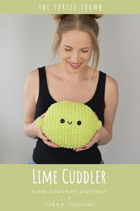 Pinterest pin for the lime cuddler crochet pattern by The Turtle Trunk Crochet Amigurumi Free Patterns Blanket Yarn, Giant Amigurumi Free Pattern, Free Crochet Squishmallow Pattern, Crochet Plush Pillow, Crochet Lime, Blanket Yarn Amigurumi, Giant Amigurumi, Crochet Blanket Yarn, Giant Crochet