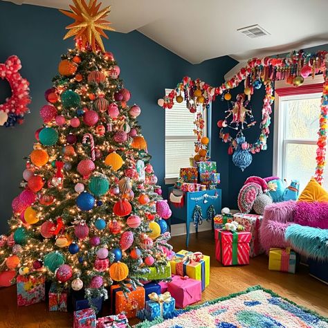 Design a cheerful Carnival Whimsy Tree with DIY ornaments and bright garlands. It’s a fun and festive twist for the holidays. Christmas Candy Wonderland, Colored Christmas Tree Lights Ideas, Bright Colors Christmas Tree, Toy Christmas Tree Theme, Colorful Boho Christmas Tree, Vintage Colorful Christmas Tree, Character Christmas Tree Ideas, Rainbow Christmas Tree Ideas, Multicolor Christmas Tree Decorations