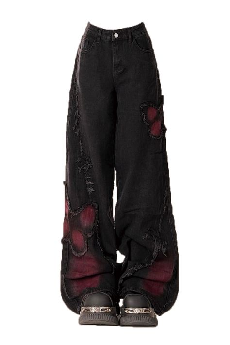 grunge aesthetic black and red butterfly jeans, wide jeans, baggy jeans, downtown girl clothes Dark Themed Outfits, Clothes Grunge Aesthetic, Red With Black Outfit, Dark Grunge Clothes, Red Black Outfit Ideas, Cool Fashion Style, Big Baggy Pants, Baggy Jeans Shop, Grunge Baggy Jeans