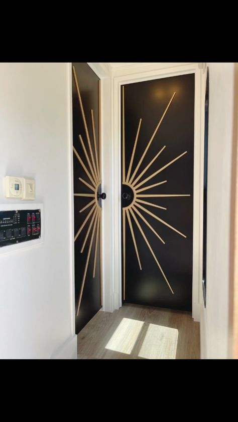 "Maggie" ...this is an RV ✨ Drab to FAB Interior RV Doors makeover!!✨ We’re swooning over the Sun Burst Mid- Century doors Arlo custom… | Instagram Diy Sunburst Door, Rv Door Makeover Interior, Sunburst Door Handle, Sun Door Design, Atrium Apartment, Mid Century Interior Doors, Accent Doors Interior, Sunburst Door, Starburst Door