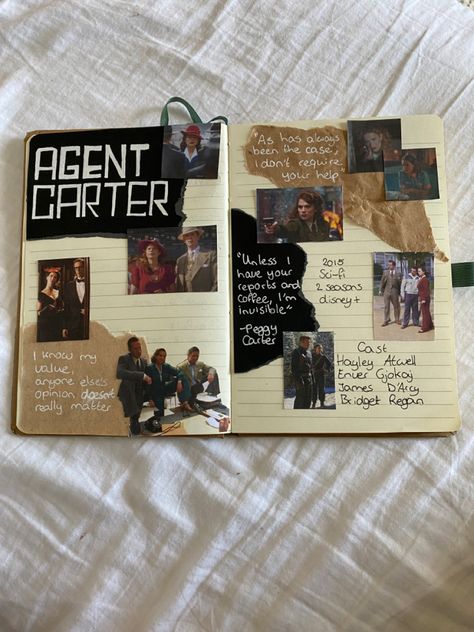 Agent Carter spread in my film journal. Marvel Peggy Carter, Marvel Journaling, Marvel Scrapbook, Marvel Journal, Harry Potter Scrapbook, Movie Journal, Michael Carter, Film Journal, Writing Journals