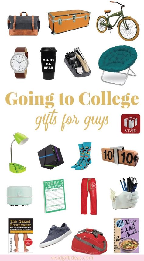 Going to college gift ideas for guys. Includes college school supplies, dorm ideas, and more. Off To College Gift Ideas, College Guy Gifts, Gifts For College Boys, College Gift Ideas, Dorm Gifts, Guy Dorm, Gift Ideas For Guys, Guy Dorm Rooms, Functional Gifts