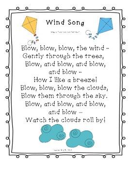 Wind Song by Teacher and EMT | Teachers Pay Teachers Rain Songs For Preschoolers, March Songs For Toddlers, Wind And Weather Preschool Activities, Windy Weather Activities Preschool, Wind Lesson Plans Preschool, Windy Crafts For Preschoolers, Weather Songs For Toddlers, Weather Fingerplays, Weather Theme For Toddlers