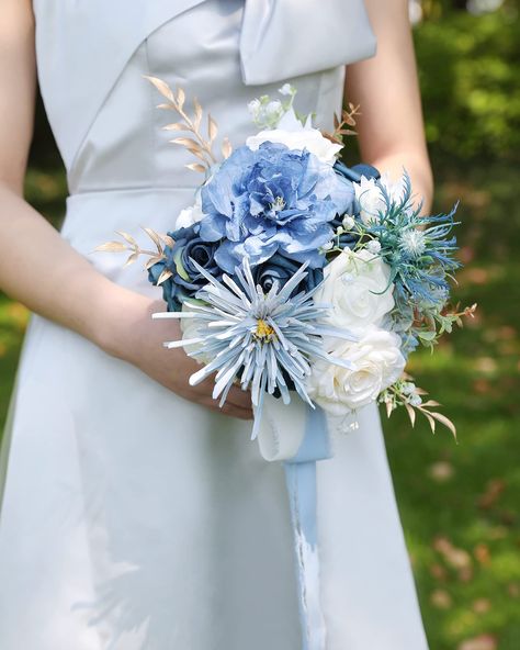 PRICES MAY VARY. Size：The bouquet is 10 inches high, 7 inches in diameter. Multi Use：This bouquet can be used as bride bridesmaid bouquet, wedding flowers, ceremony, festival, anniversary, Valentine’s Day gift or home decoration. Materia:Deep Blue Foam Rose x6,Dusty Blue Foam Rose x1,light blue Foam Rose x2,white Foam Rose x4,white campanula flowers x2,White Silk Peony x1,Blue Hydrangea x1,White Hydrangea x1,Bluechrysanthemum x1,light blue lotus flower x2,blue eryngium x1,Deep Blue Crepe Rose x1 Winter Wedding Bouquet Blue, White Campanula, Blue Eryngium, Bridemaid Bouquet, Campanula Flowers, Brides Flowers Bouquet, Bridal Bouquet Blue, Blue Bride, Winter Wedding Bouquet