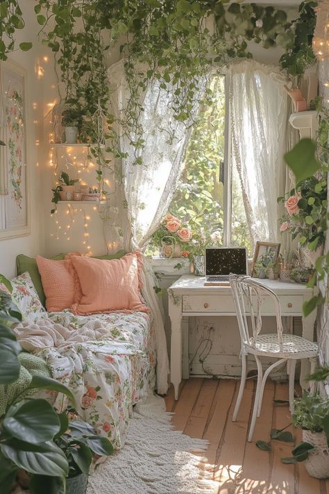 🌸 Create your perfect dream room with our teenage girl bedroom ideas! Discover aesthetic blue and olive green themes, vintage and retro vibes, and charming tapestries. Dive into boho and beachy styles, and add cute black and Korean-inspired touches. Try DIY projects to make your space unique and personal. 🌼✨ Room Decor Bedroom Leaves, Room With Plants And Posters, Naturecore Aesthetic Room, Comfy Room Ideas Aesthetic, Light Pink And Green Aesthetic Bedroom, Light Cottagecore Aesthetic Bedroom, Green Bedroom Inspo Aesthetic, Green Room Makeover, Creative Ideas Aesthetic