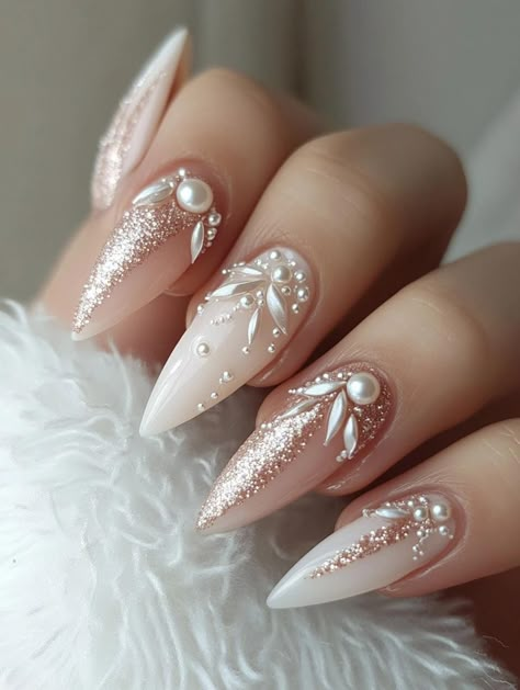 Wedding Ideas Nails, New Year’s Eve Nail Art Ideas, Christmas Bridal Nails, Romantic Nails Designs Beautiful, January Birthstone Nails, Holiday Nails With Gems, Winter Wonderland Nail Ideas, Glam Winter Nails, New Years Nails Acrylic Almond