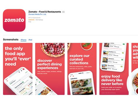 Zomato App Screenshots Zomato Food Notification, App Store Image Design, Food App Ui Design, Restaurant Booking App, Food App Login Screen, Food Mobile App Design, Food Ordering App Ui Design, App Screenshots, Google Play Apps