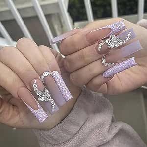 24Pcs Long Coffin Press on Nails French Tip Fake Nails Gradient False Nails with Butterfly Design Glitter Nails Rhinestone Glue for Nails Acrylic Full Nail Tips Artificial Stick on Nails for Women Glitter Tip Nails, Fake Nails Long, Nagellack Trends, Nagel Tips, Nail Type, Coffin Press On Nails, Stick On Nails, False Nail, Rhinestone Designs