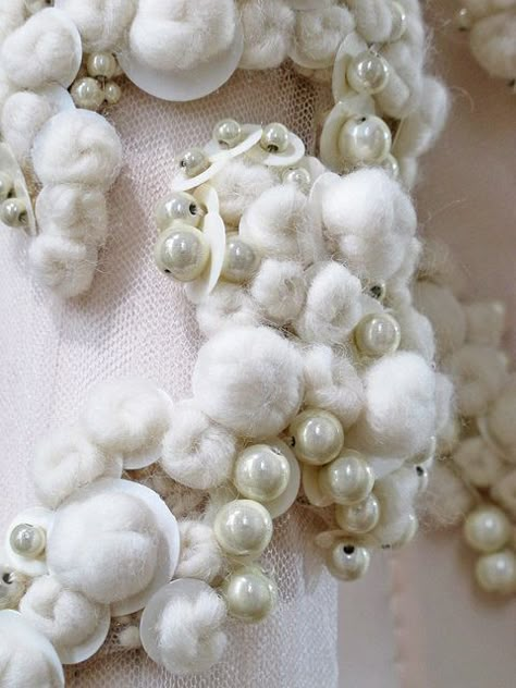 Surface Adornment - embellished fabric design with white wool balls, sequins  pearls - haute couture dress detail Givenchy Givenchy Haute Couture, Detail Couture, Haute Couture Embroidery, Fashion Textiles, Beading Embroidery, Fashion Embroidery, Textiles Techniques, Couture Embroidery, Wool Balls