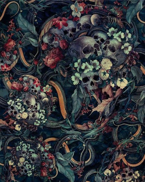 Thy art is art on Instagram: “Art by @rzapeker” Skulls And Snakes, Skulls Flowers, Witchy Wallpaper, Skull Wallpaper, Creepy Art, Cool Backgrounds, Skull Art, Surreal Art, Art Plastique