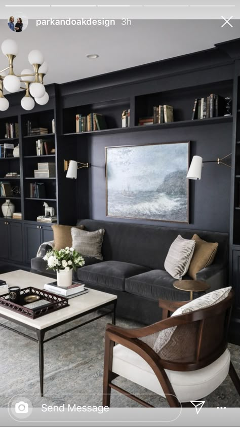 Navy Walls Black Furniture, Small Den Storage Ideas, Office Formal Living Room Combo, Speakeasy Basement, Oak Interior Design, Park And Oak, Finished Basement Designs, Downstairs Bedroom, Oak Interior