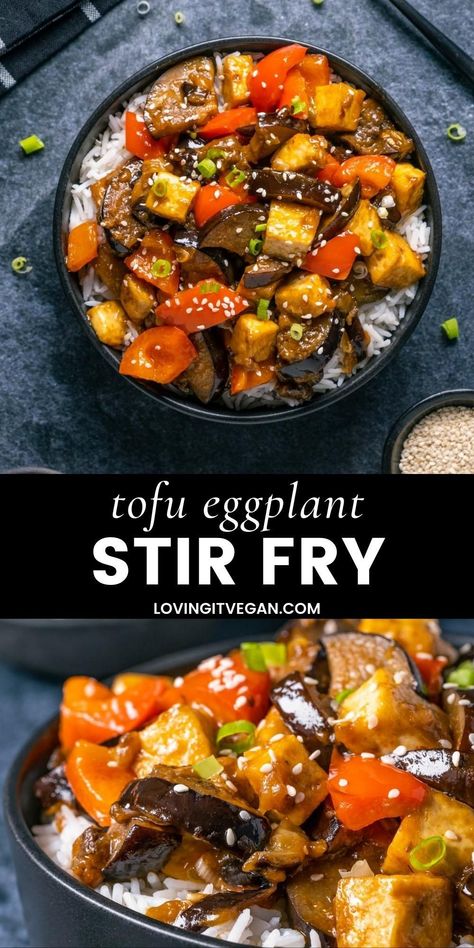 This eggplant tofu stir fry is spicy, sweet, salty, savory, veggie packed and loaded with flavor! You’ll definitely come back for seconds. Tofu Eggplant Stir Fry, Eggplant Tofu Recipe, Eggplant Tofu, Eggplant Stir Fry, Tofu Recipes Healthy, Monday Recipes, Plant Based Diet Meal Plan, Asian Noodle Recipes, Vegan Dinner Recipes Easy