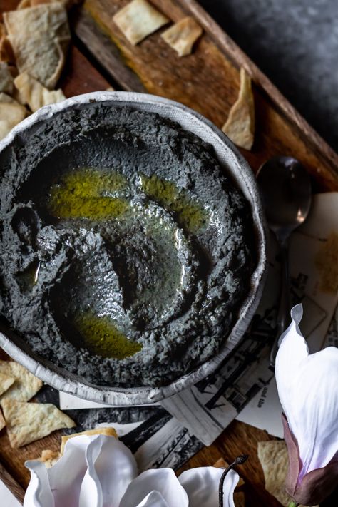 Black Sesame Hummus-3 Party Recipe Ideas, Sesame Recipes, Cooking Therapy, Sesame Tahini, Black Sesame Paste, Halloween Dinner Party, Sweet Potato Dishes, Tahini Recipe, Food Halloween