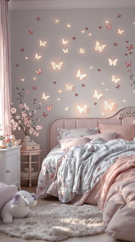 Boho Bedroom Ideas for Kids Bed Canopy Girls Room, Butterfly Wall Art Bedroom, Toddler Pink Bedroom Ideas, Boho Butterfly Bedroom, Pastel Floral Bedroom, Butterfly Bedroom Aesthetic, Garden Bedroom Kids, Magical Girls Bedroom, Girl Room Ideas Kids