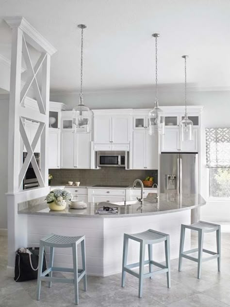 Bright and airy contemporary kitchen | Krista Watterworth Design Narrow Kitchen Design, Kitchen With White Cabinets, Curved Kitchen Island, Keys House, Curved Kitchen, Coastal Kitchen Design, Beach House Kitchens, Coastal Contemporary, Coastal Kitchen