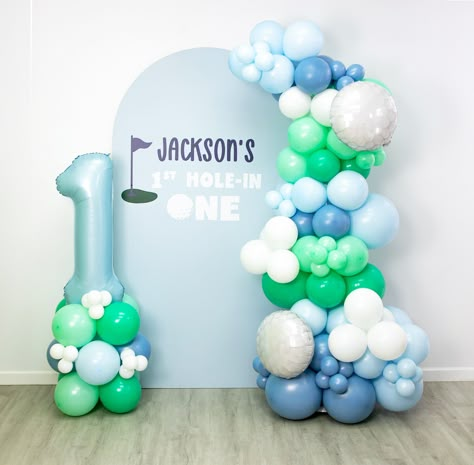 Golf Balloon Garland Balloon Arch With Golf Ball Mylars Hole in One First Birthday Party 1st Birthday Ideas Hole in Party Decor - Etsy Golf Themed Balloon Garland, Hole In One Balloon Arch, One Balloon 1st Birthdays, A Hole In One First Birthday, Golf Balloon Arch, 1st Birthday Balloon Arch, First Birthday Golf Theme, First Birthday Balloon Arch, Balloon Accents