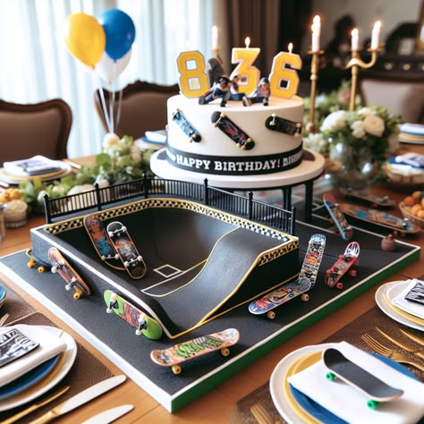 Imagine a festive setting for a birthday celebration, with a predominant theme of skateboarding. The centerpiece of the theme is a mini skate park model, detailed in every element with the surface textured like real asphalt and the edges adorned with authentic-looking skateboard stickers. The dining table is prepared with serveware featuring images of skateboards, drawing attention to the theme. An incredibly lifelike skateboard-shaped birthday cake serves as the highlight, graced with a jovial Skate Board Birthday Party, Skater Birthday Party Ideas, Skateboard Birthday Party Ideas, Preschool Graduation Party Ideas, Skateboard Party Theme, Skateboard Party Ideas, Skateboard Cake, Skateboard Birthday Party, Skateboard Party