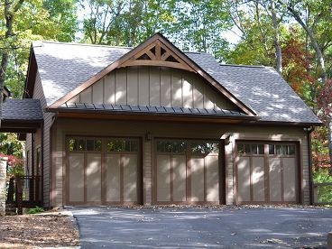 3-Car Garage Photo, 053G-0029 Rustic Exterior Siding, Three Car Garage Plans, Lake House Garage, Detached Garage Ideas, Garage Cottage, Car Garage Plans, 3 Car Garage Plans, Detached Garage Designs, Garage Build