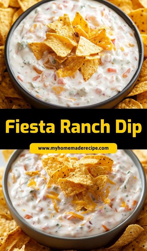 This Fiesta Ranch Dip is a creamy and zesty appetizer that’s perfect for parties! Made with ranch seasoning and a blend of cheeses, it pairs wonderfully with chips and veggies. Fiesta Ranch Dip, Dip For Chips, Salsa Ranch, Seasoned Sour Cream, Yummy Appetizers Parties, Ranch Dip Recipe, Best Dip Recipes, Homemade Ranch Seasoning, Sour Cream Dip