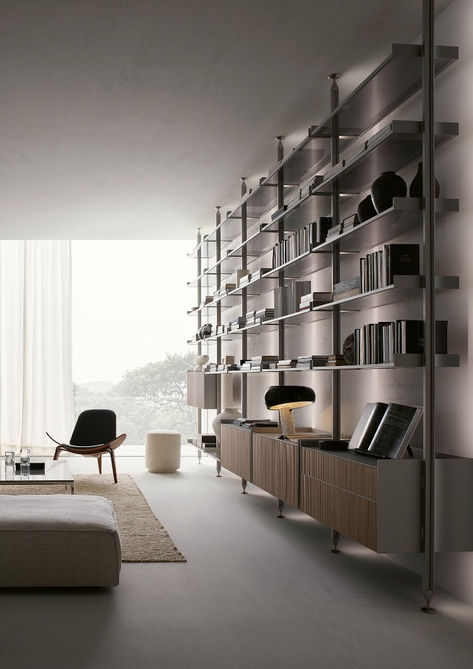 ONE OF THE MOST ICONIC LONG-SELLERS OF THE RIMADESIO COLLECTION, ZENIT HAS UNDERGONE CONSTANT STYLISTIC AND FUNCTIONAL DEVELOPMENT OVER TIME. Loft Style Interior, Sliding Shelves, Modern Bookcase, Small Closet, Organization Inspiration, Built In Desk, Office Setup, Loft Style, Classic House