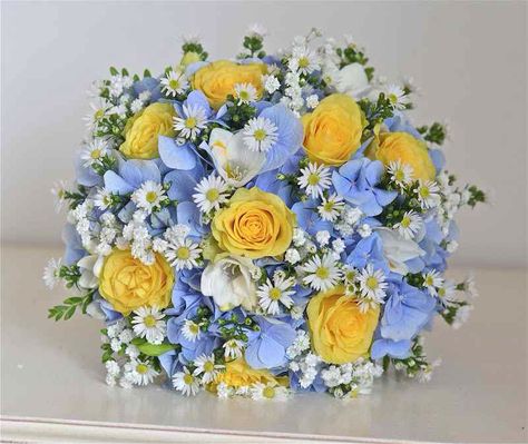 Blue Yellow White Centerpieces, Light Blue And Yellow Wedding Centerpieces, Blue Yellow Pink Wedding Bouquet, Blue And Yellow Bridal Bouquet, Blue And Yellow Flower Arrangements, Light Blue And Yellow Wedding, Blue And Yellow Bouquet, Sunflower Bridal Bouquet, Yellow Wedding Bouquet