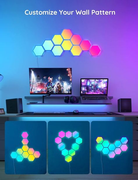 Customize Your Home Aesthetics: Design your hexagon light panels layout or choose from massive recommended designs in the App. Create a personalized lighting with inspiration for your gaming room, living room, bedroom and more wall decor Scenes. Led Living Room Lights, Hexagon Game, Led Wall Decor, Trendy Interior Design, Light Panels, Computer Room, Led Decor, Hexagon Design, Gaming Room Setup