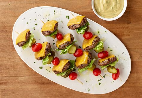 Keto-Friendly Mini Burger Skewers Recipe | ALDI US Burger Skewers, Afterschool Snacks, Cooking Beef, Cooking Outdoors, Aldi Recipes, Mini Burger, Frozen Appetizers, Snack Bites, Healthy Living Recipes