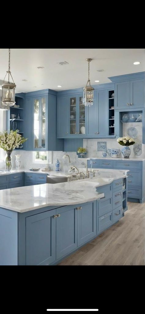 Blue Kitchen Countertops, Bedroom Decor Ideas For Women, Light Blue Kitchens, Bedroom Wall Decor Ideas, Blue Kitchen Decor, Carpentry Diy, Wall Decor Ideas, Blue Kitchen, Bedroom Wall Decor